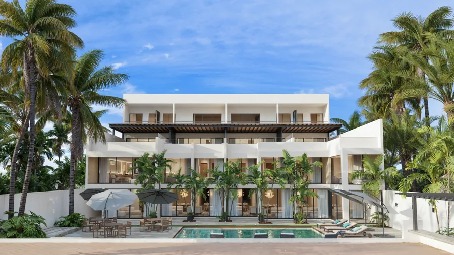 Rendering of LUMAR from the pool, showing its terraces and tropical landscaping