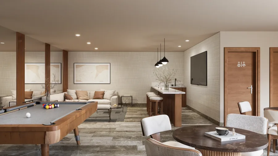 Game room with a pool table, chessboard, and lounge seating