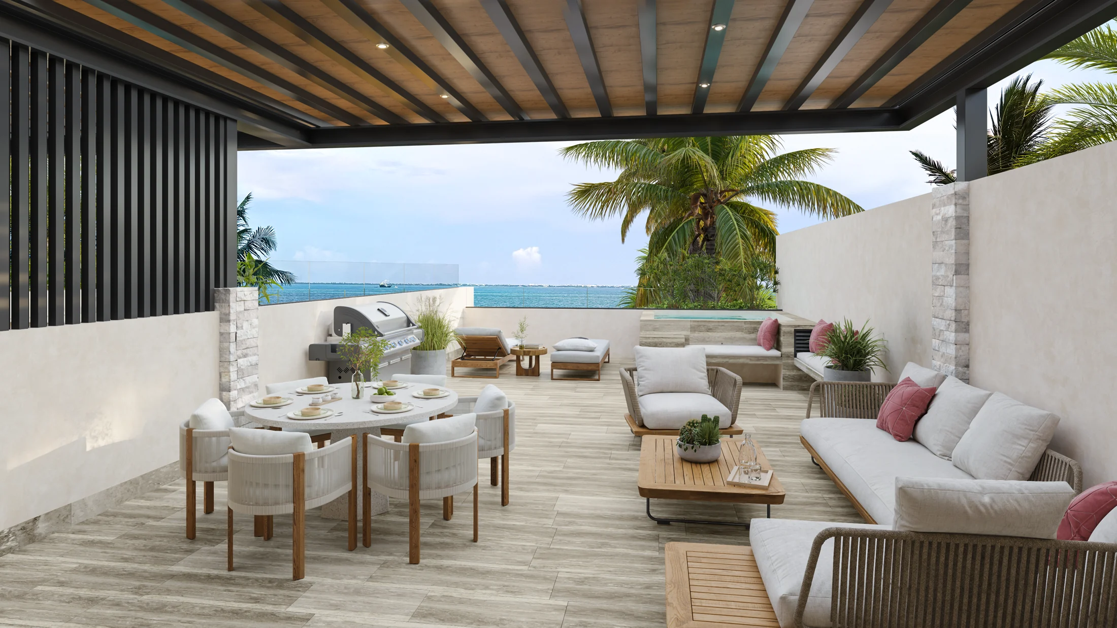 Covered Signature Residence terrace with outdoor living and dining spaces facing the sea